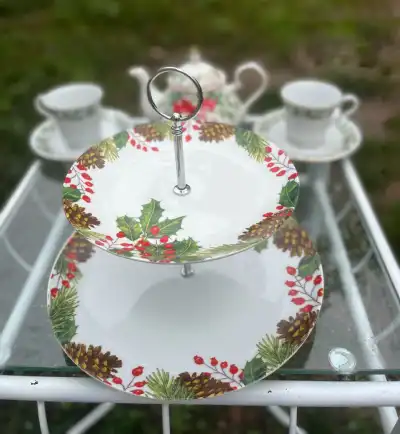 food stands rentals | The Tea Party Company 2 tiered porcelain dishes food stand christmas motif