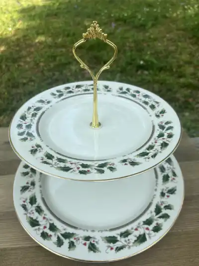 food stands rentals | The Tea Party Company 2 tiered porcelain dishes food stand christmas motif