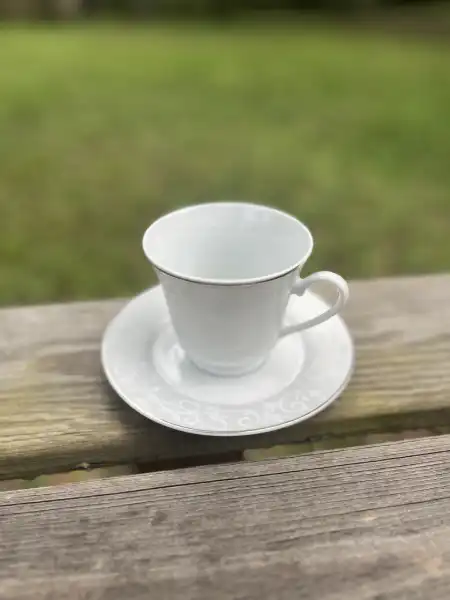 matching-tea-cups-and-saucers | The Tea Party Company white and silver teacupand saucer