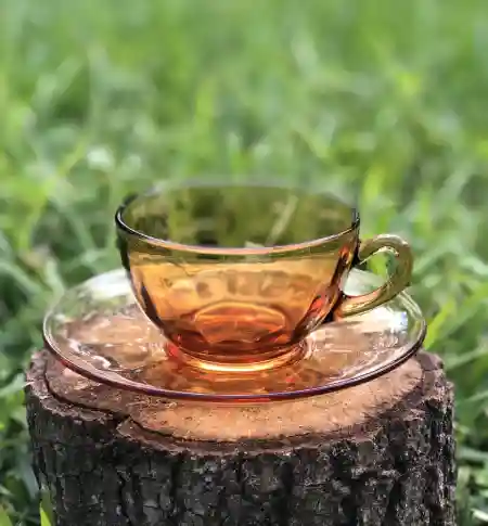 matching-tea-cups-and-saucers | The Tea Party Company amber glass teacup and saucer
