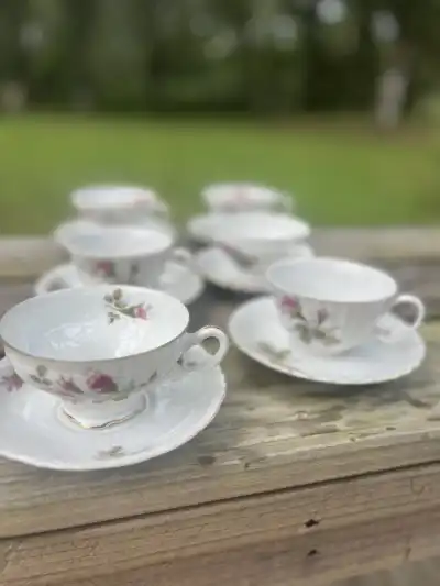 6 teacups and saucers white with red roses>