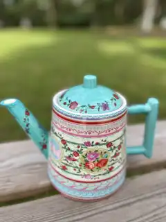 mismatch tea pots rentals | The Tea Party Company teal teapot with tiny red roses