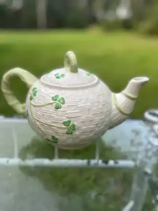 mismatch tea pots rentals | The Tea Party Company white teapot green ivy st patrick's