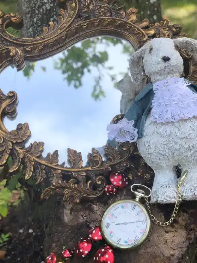alice in wonderland theme party | The Tea Party Company Gold ornate mirror with a white rabbit and a whimsical clock.
