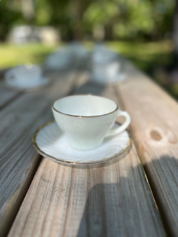matching-tea-cups-and-saucers | The Tea Party Company Vintage Anchor Hocking Golden Anniversary Swirl / Shell Translucent Milk Glass 8oz Cup and Saucer with 22kt Gold Rim