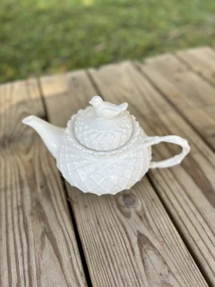 mismatch tea pots rentals | The Tea Party Company white Lattice Pattern Bird Finial on Lid