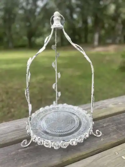 White metal ornate roses one tiered cake stand with glass plate.